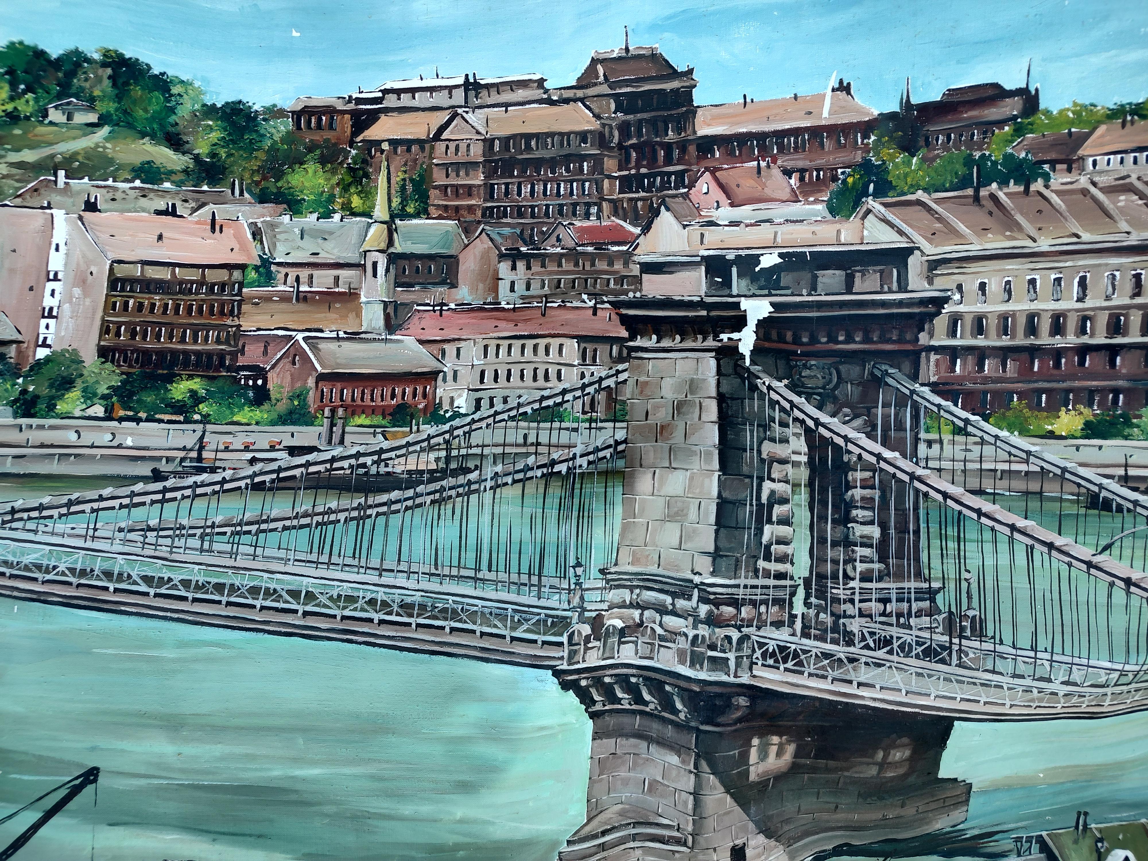 Large Mural of the Szechenyi Chain Bridge in Budapest Hungary For Sale 1