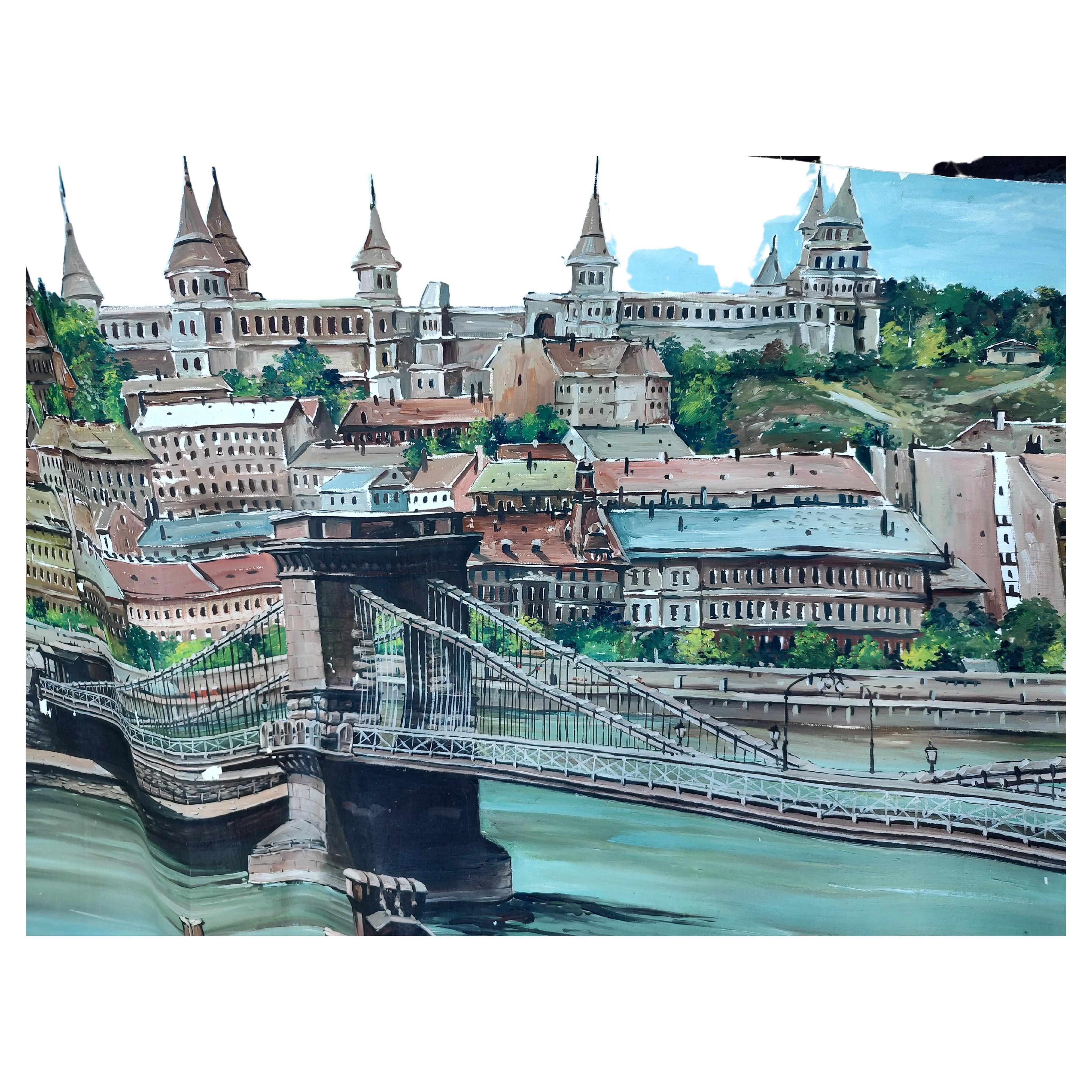 Large Mural of the Szechenyi Chain Bridge in Budapest Hungary