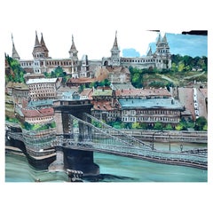 Retro Large Mural of the Szechenyi Chain Bridge in Budapest Hungary