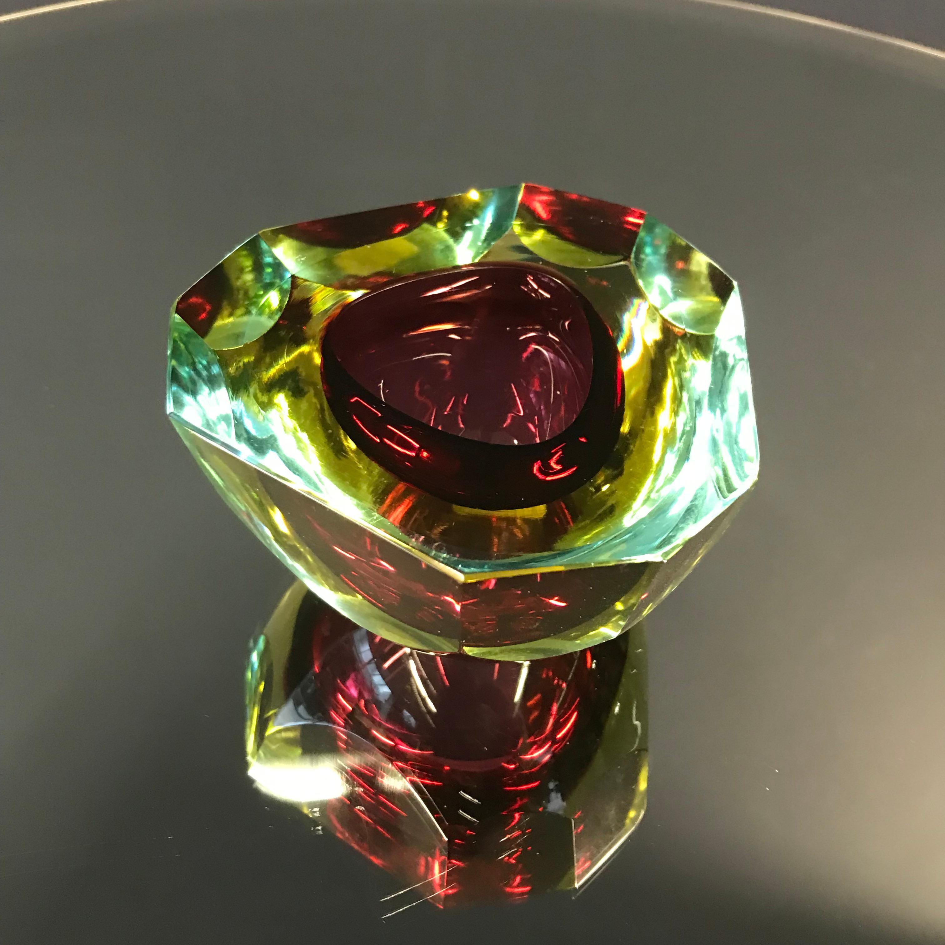 Italian Large Murano 1.5kg Glass Faceted Sommerso Bowl Element Ashtray For Sale