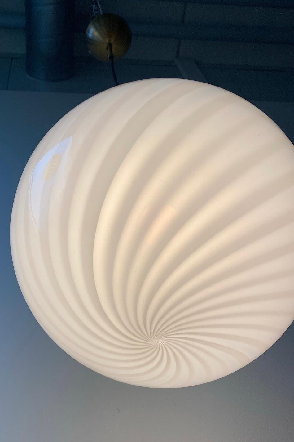 Mid-Century Modern Large Murano 1970s Swirl White Glass Globe Sphere Pendant Lamp