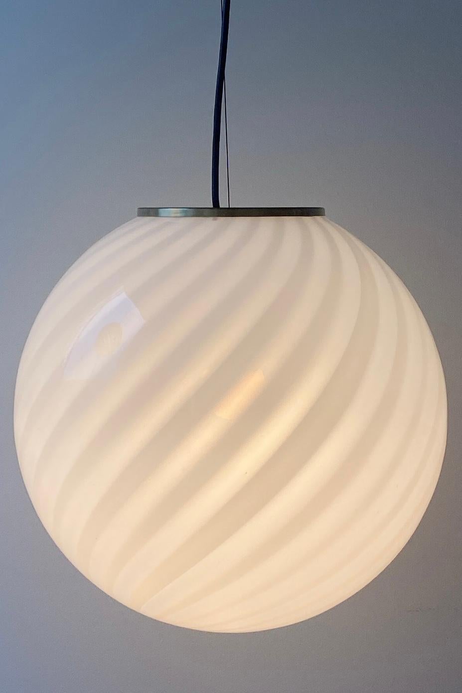 Late 20th Century Large Murano 1970s Swirl White Glass Globe Sphere Pendant Lamp