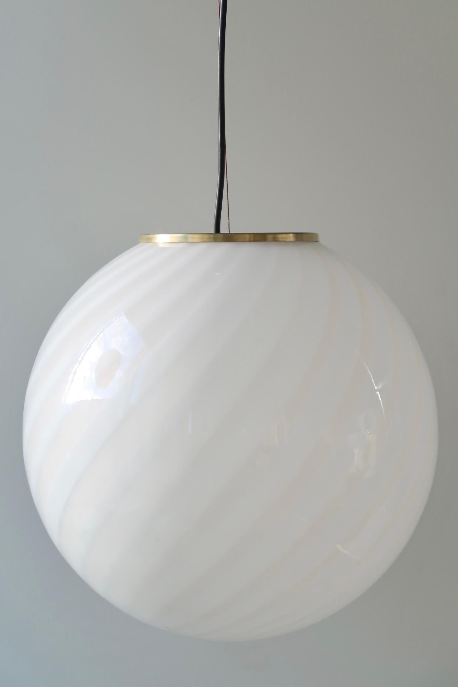 Brass Large Murano 1970s Swirl White Glass Globe Sphere Pendant Lamp