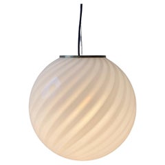 Large Murano 1970s Swirl White Glass Globe Sphere Pendant Lamp