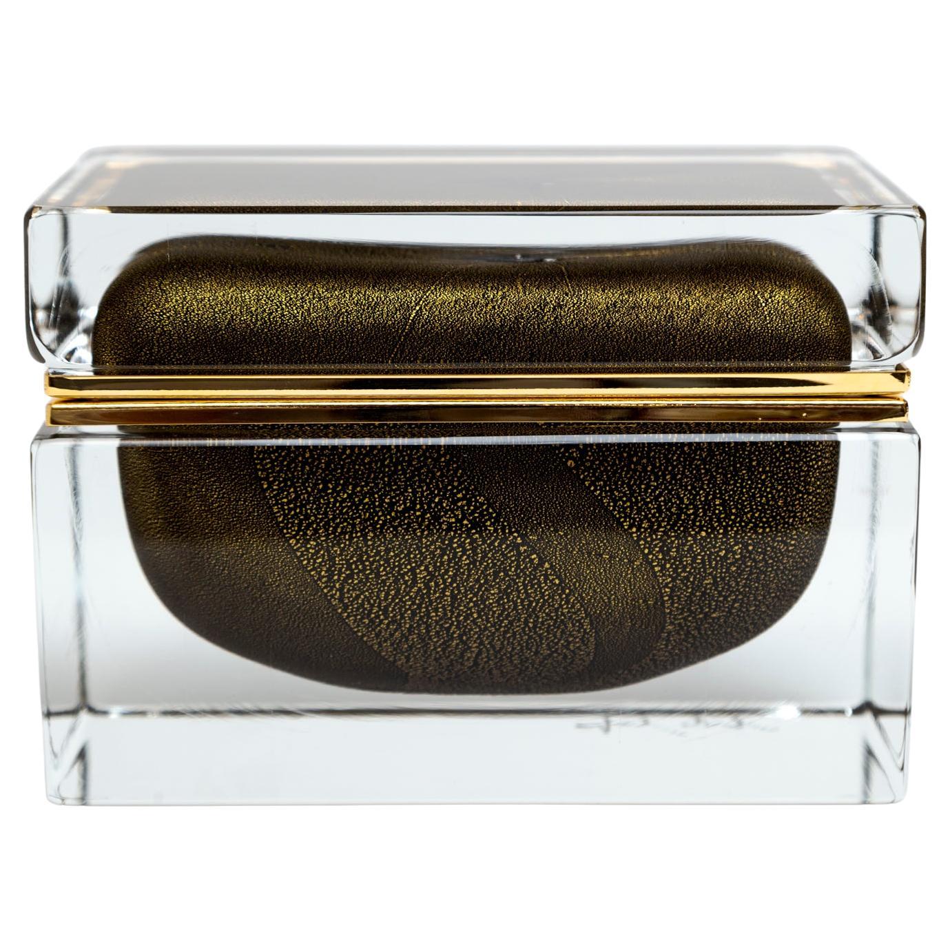 Scatola rettangolare grande in vetro di Murano con oro 24k e nero, Contemporary