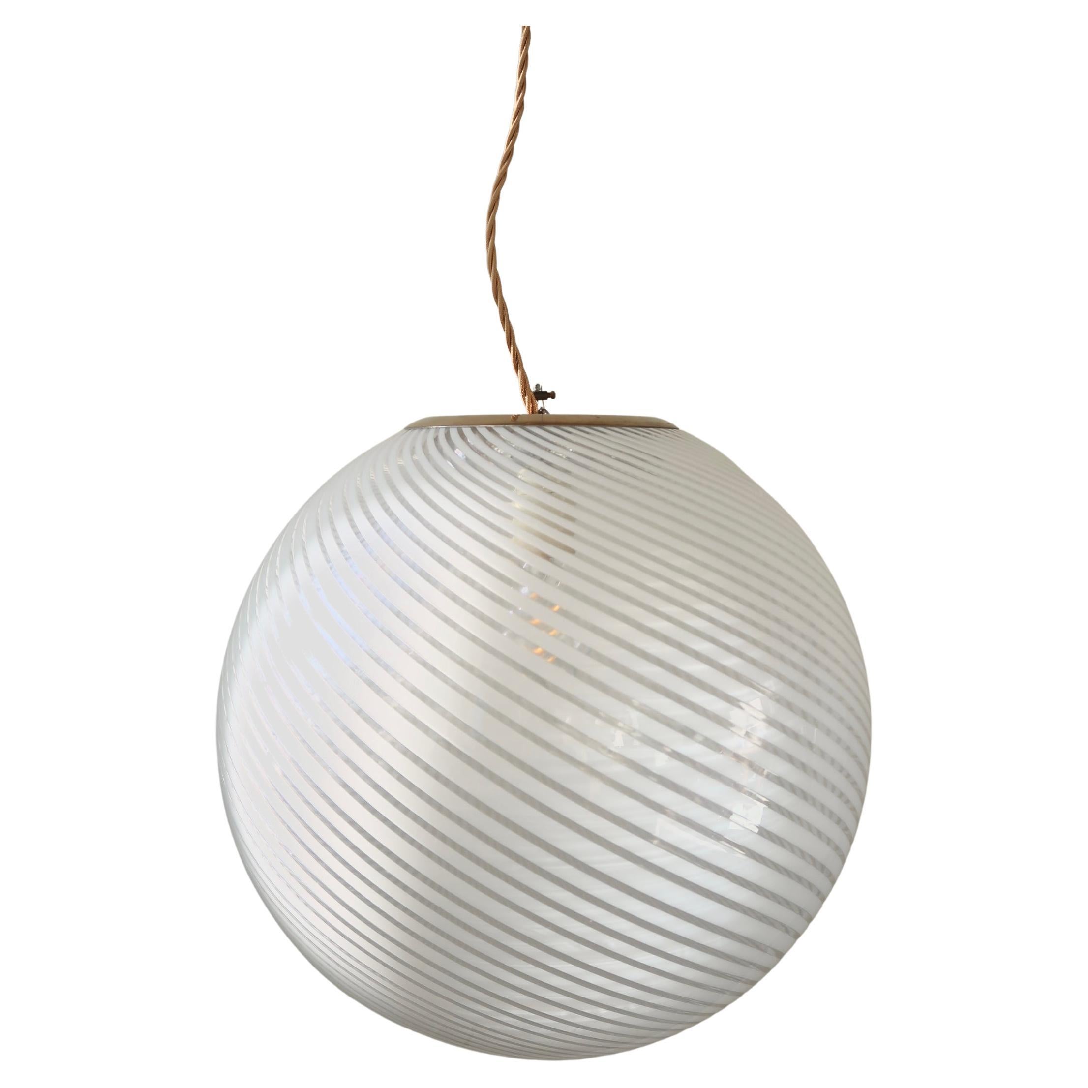 Large Murano 1970s Filigrana Swirl Glass Globe Pendant Lamp