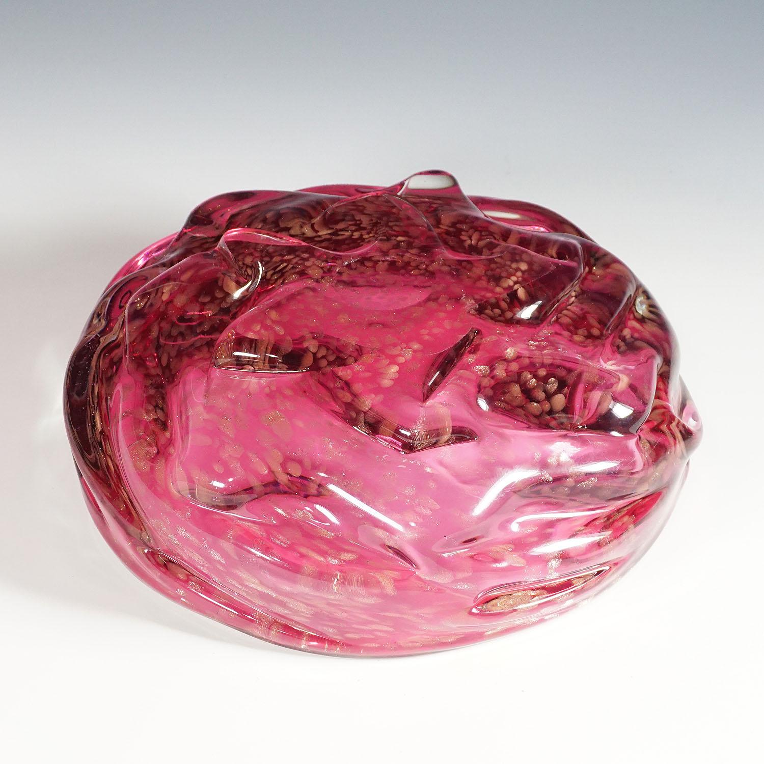 Italian Large Murano Art Glass Bowl in Pink Glass with Aventurines, 1950s