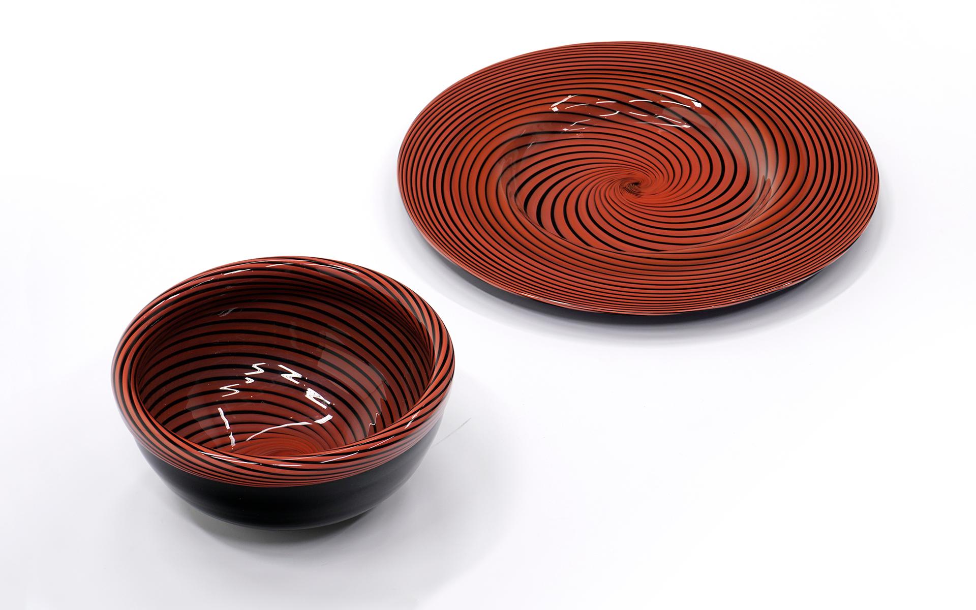 Mid-Century Modern Large Murano Art Glass Charger and Bowl.  Red and Black For Sale
