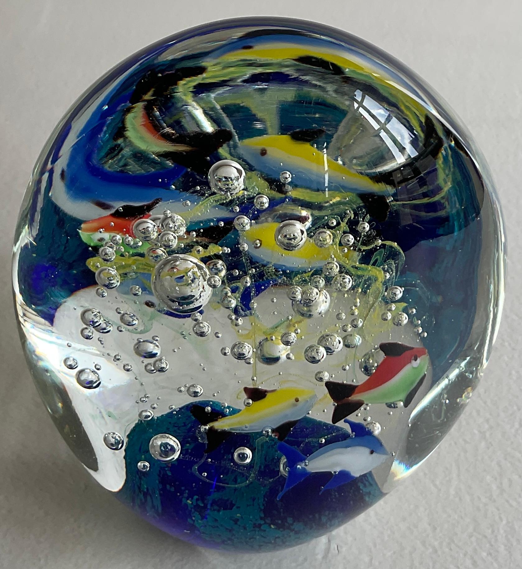 Hand-Crafted Large Murano Art Glass Fish Aquarium with Ocean Plant Bubbles Paperweight