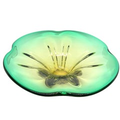 Large Murano Art Glass Sommerso Bowl Catchall Green and Yellow Vintage, Italy