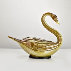 Gran cisne de cristal de Murano de Sergio Costantini, escultura de aventurina dorada