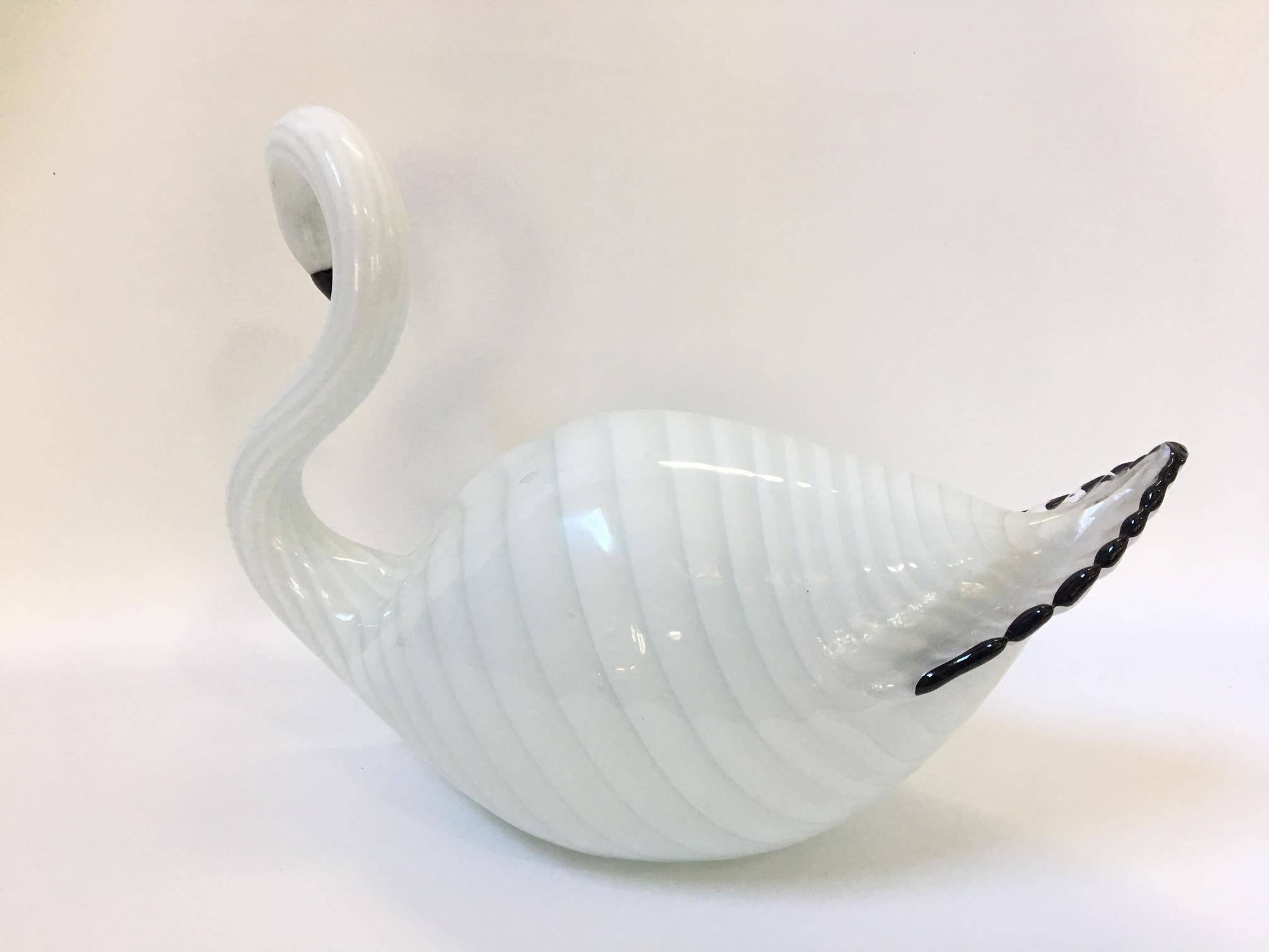 Large art glass swan sculpture by Murano. Maker's mark is present. Reads 