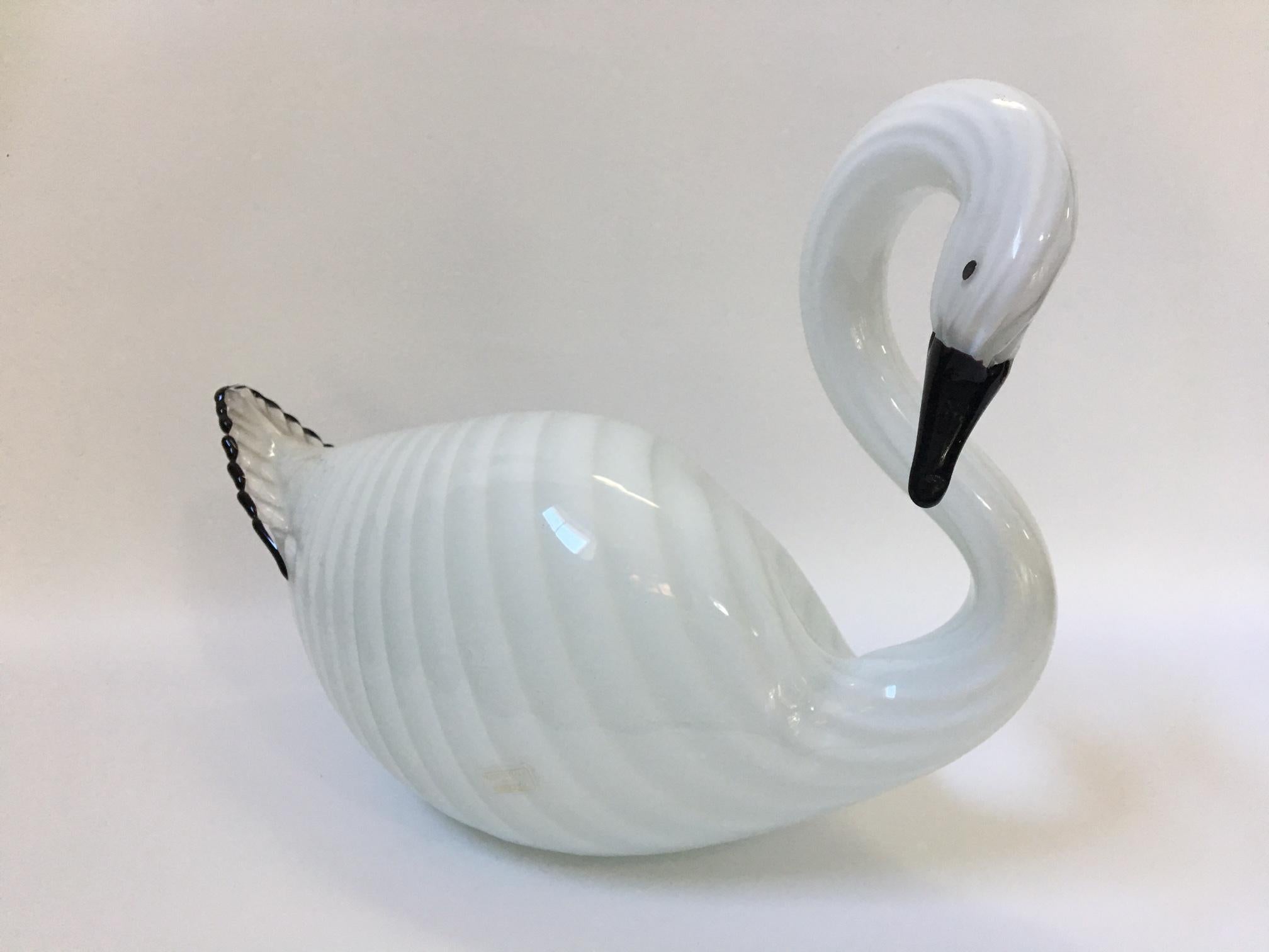 Large art glass swan sculpture by Murano. Maker's mark is present. Reads 