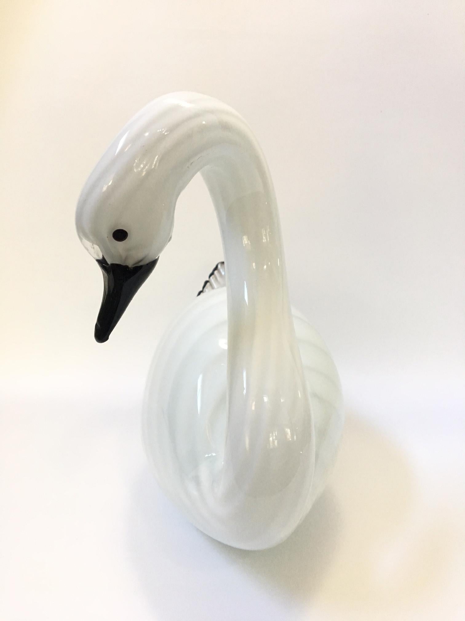 Large art glass swan sculpture by Murano. Maker's mark is present. Reads 