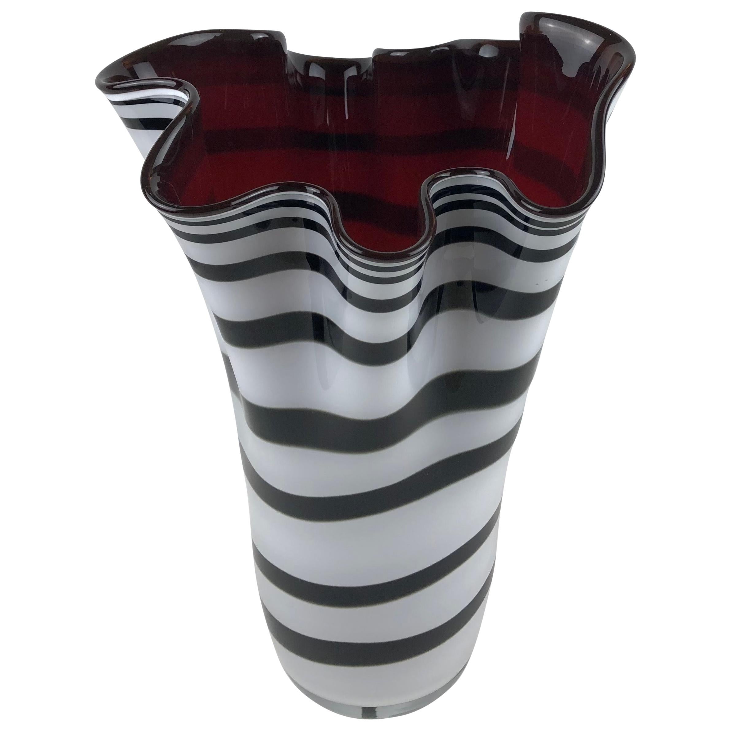Large Murano Art Glass Vase Black White and Burgundy