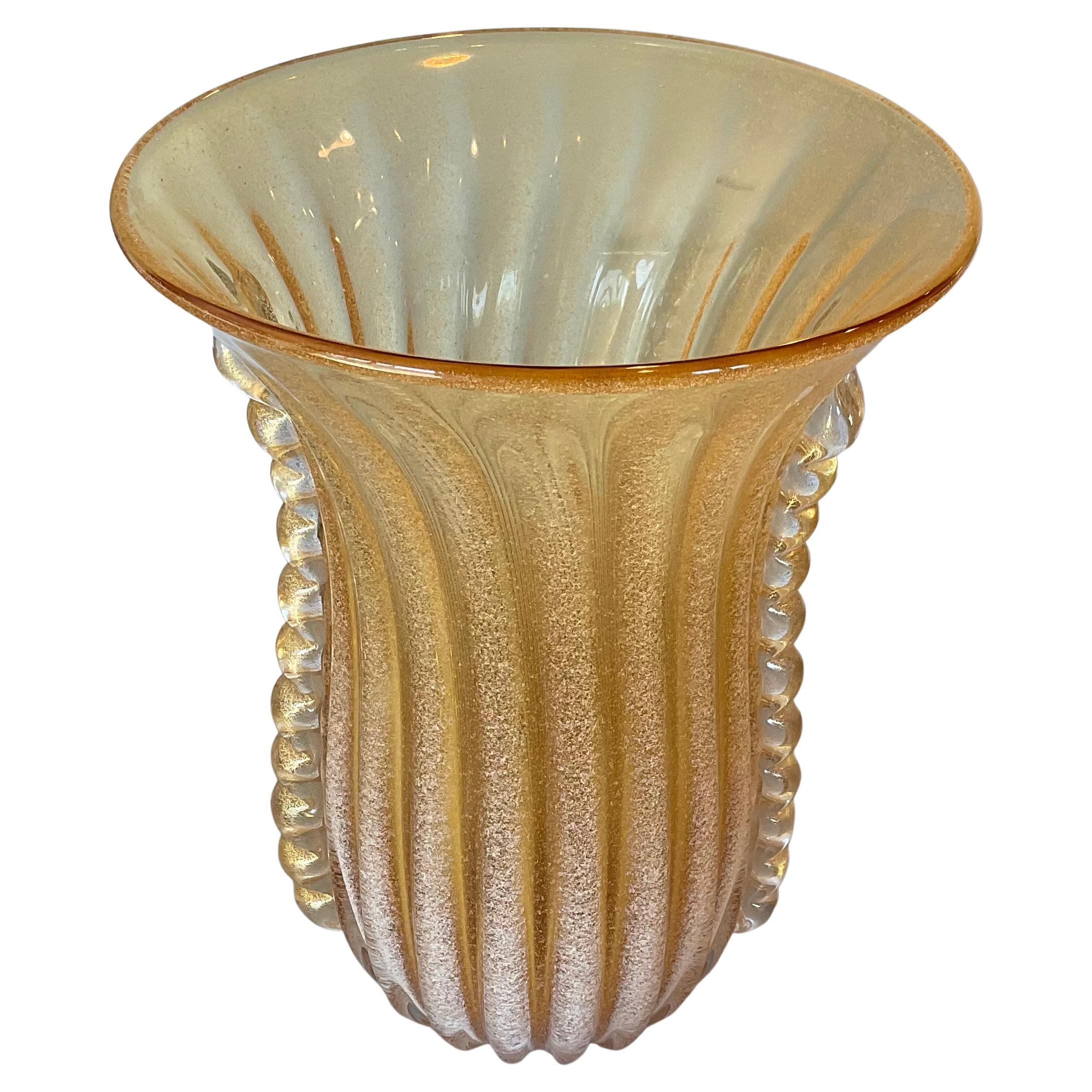 Large Murano Art Glass Vase in Gold Pulegoso Glass with Gold Applied Handles For Sale