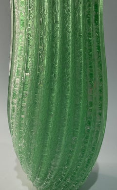 Large Murano Art Glass Vase in Green Pulegoso Glass with Ribbed Design Scalloped