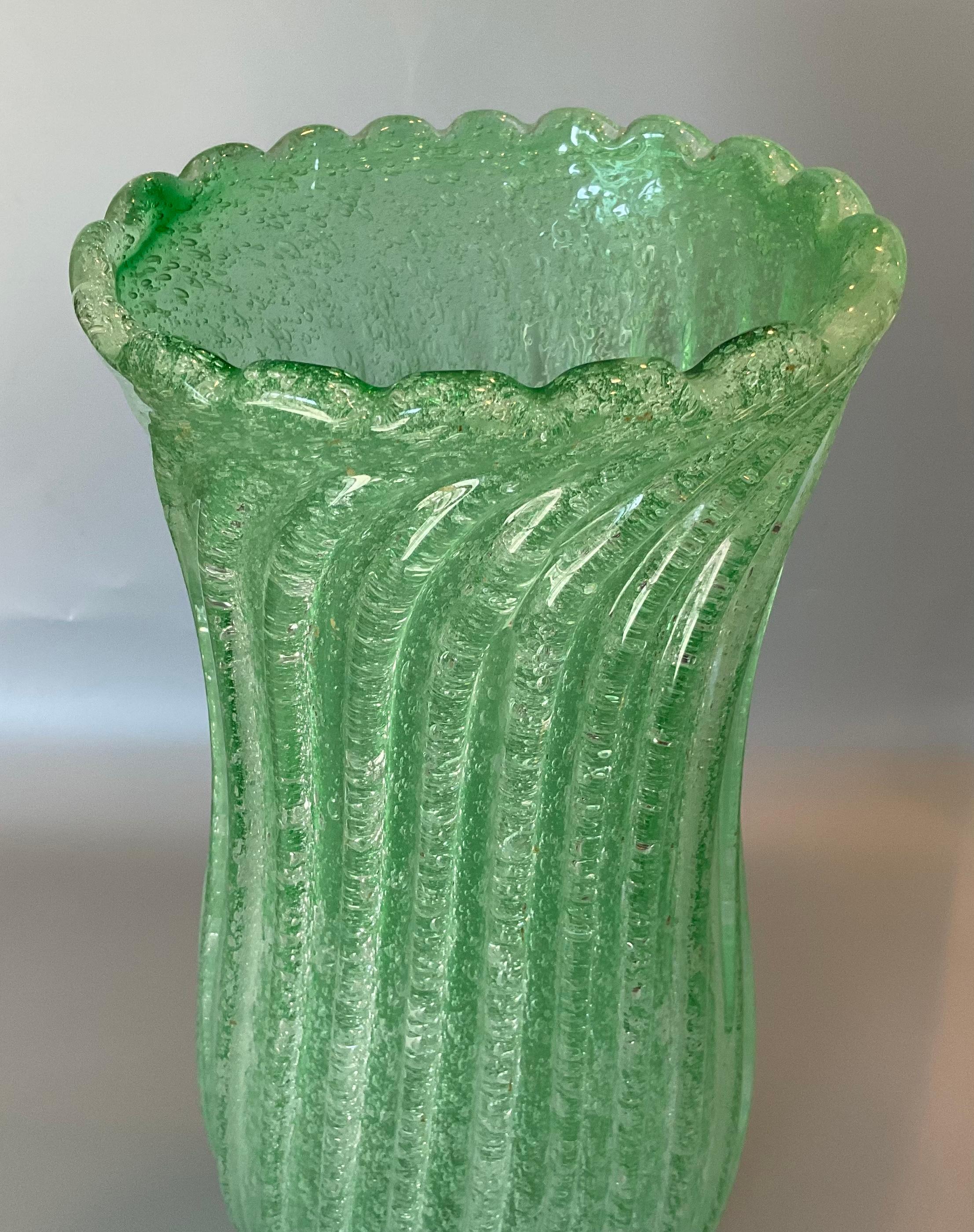 Italian Large Murano Art Glass Vase in Green Pulegoso Glass with Ribbed Design Scalloped For Sale