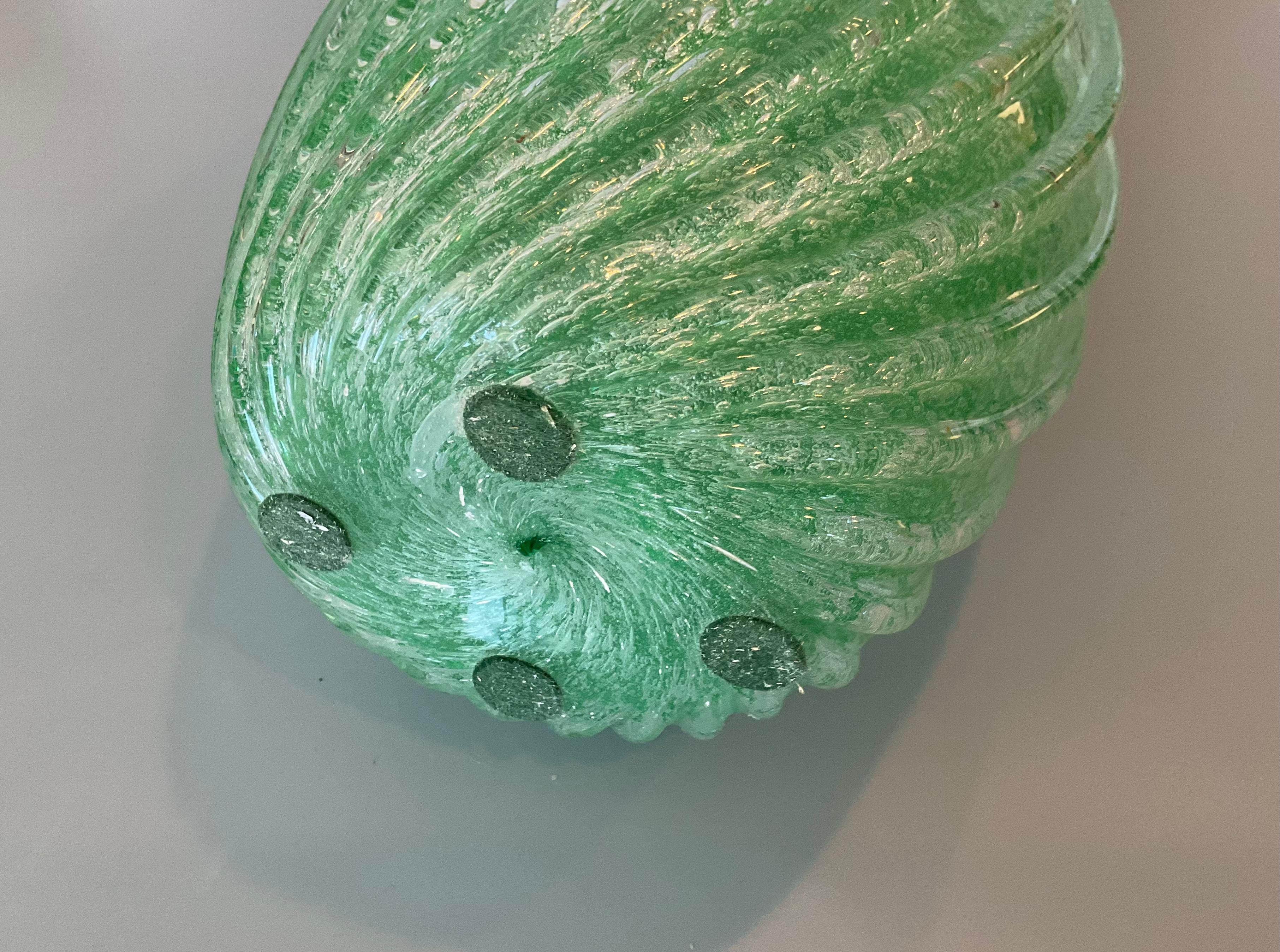 Blown Glass Large Murano Art Glass Vase in Green Pulegoso Glass with Ribbed Design Scalloped For Sale