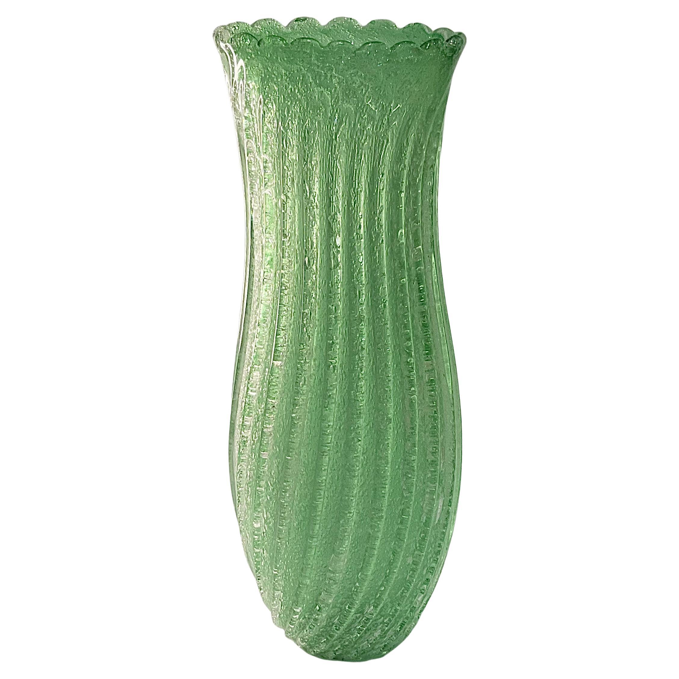 Large Murano Art Glass Vase in Green Pulegoso Glass with Ribbed Design Scalloped For Sale