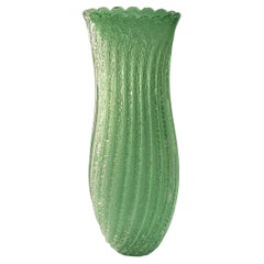 Vintage Large Murano Art Glass Vase in Green Pulegoso Glass with Ribbed Design Scalloped