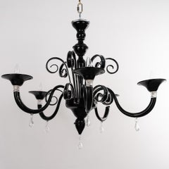 Large Murano Black glass chandelier 5 lights, Vintage Made in Italy in stock