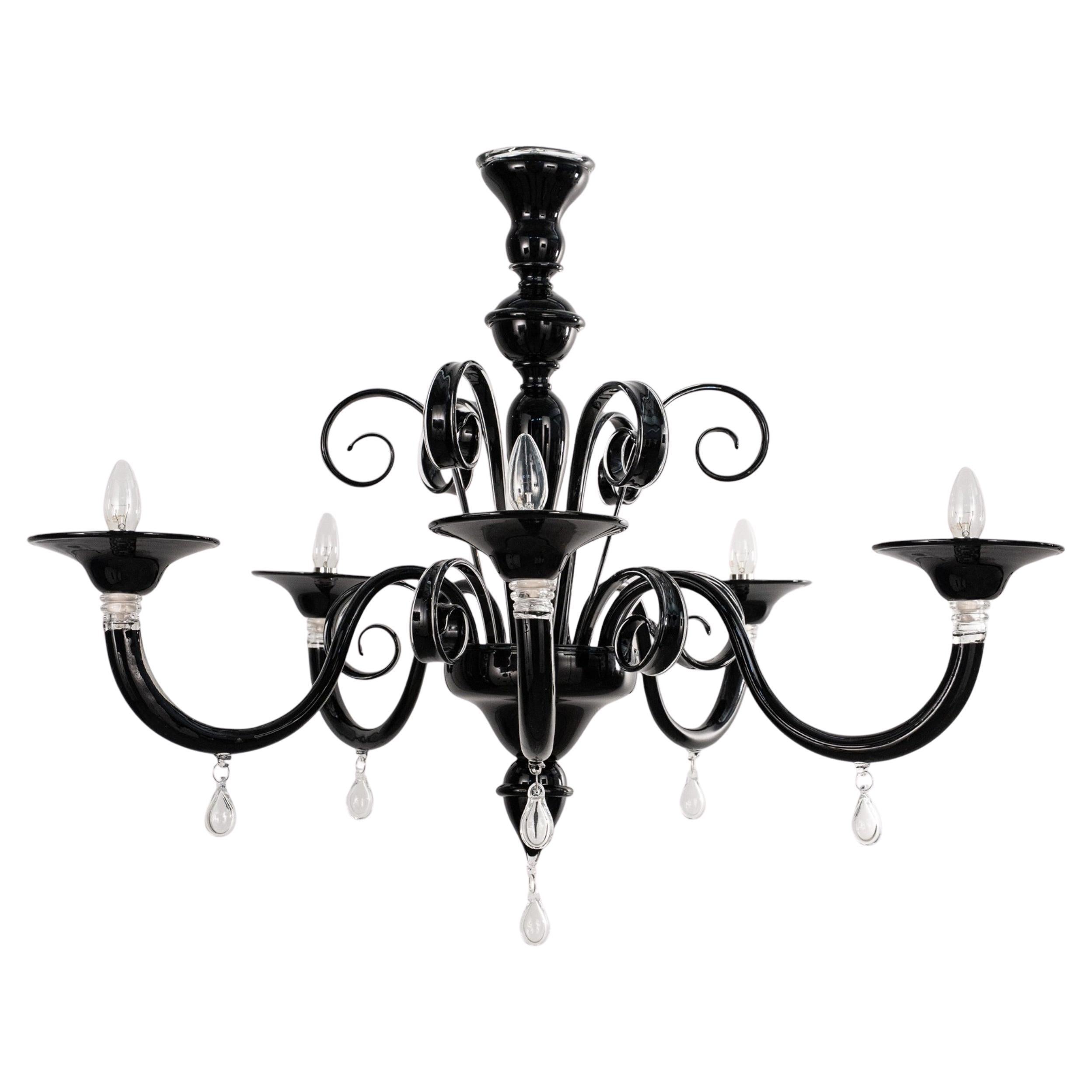 Large Murano Black glass chandelier 5 lights, Vintage Made in Italy in stock