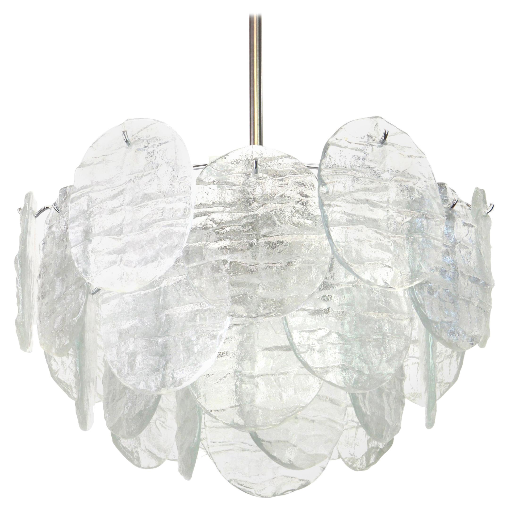 Large Murano Blatt Ice Glass Chandelier Leafs Form by Kalmar, Austria, 1960s