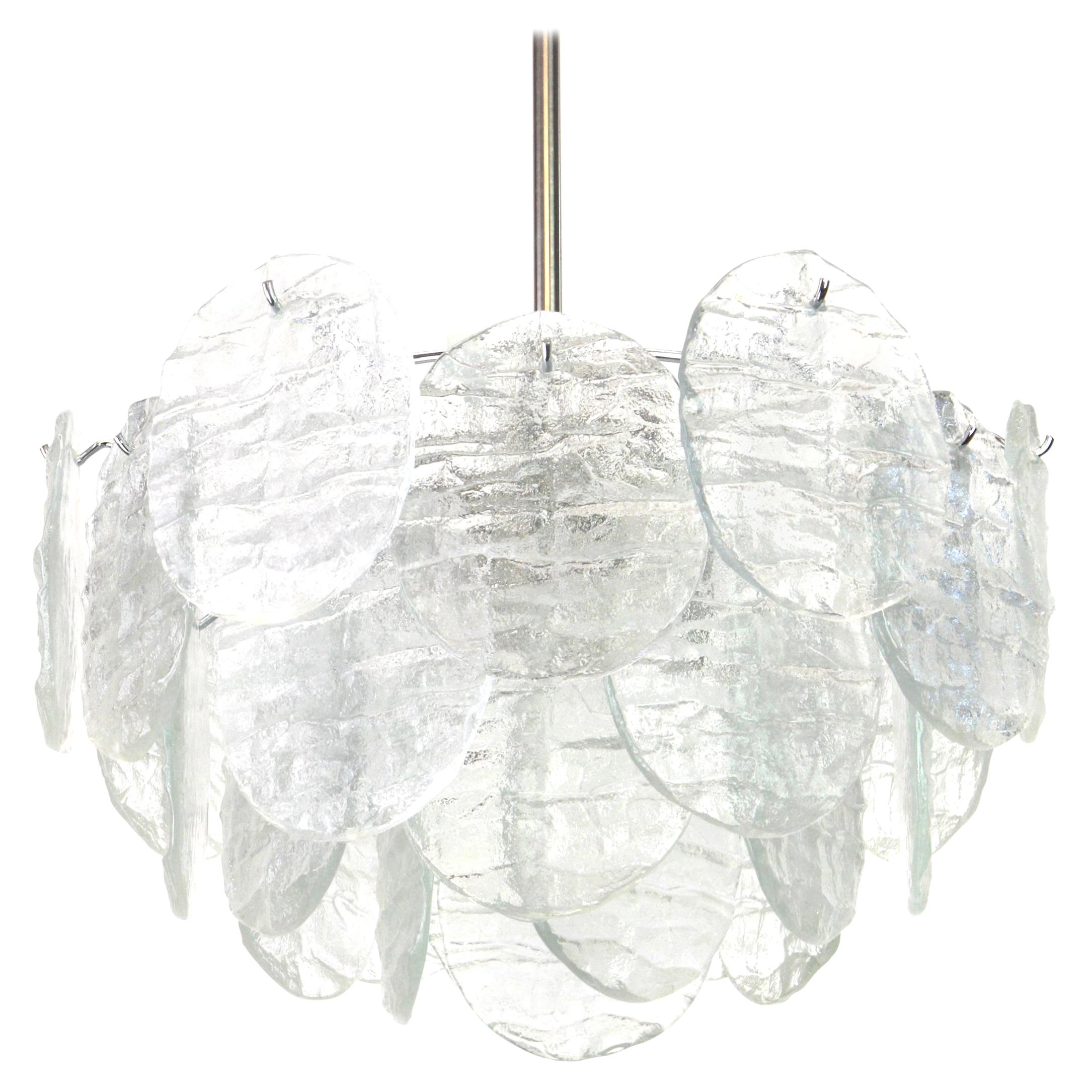 Large Murano Blatt Ice Glass Chandelier Leafs Form by Kalmar, Austria, 1960s