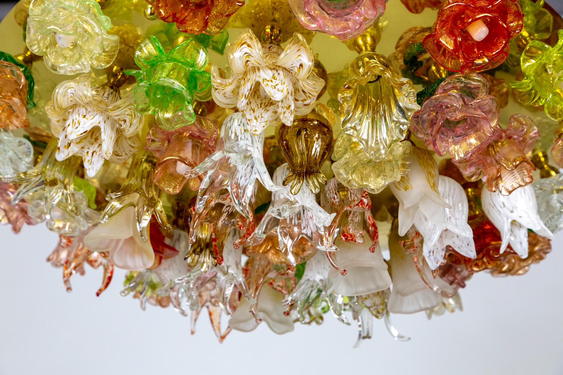 Large Murano Blown Glass Flower Bouquet Light Fixture on Brass Flush Mount 5