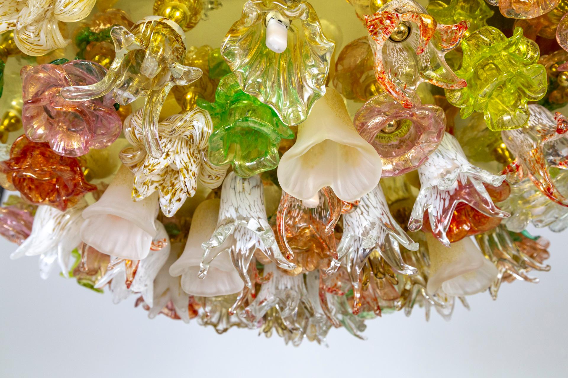 Large Murano Blown Glass Flower Bouquet Light Fixture on Brass Flush Mount 6