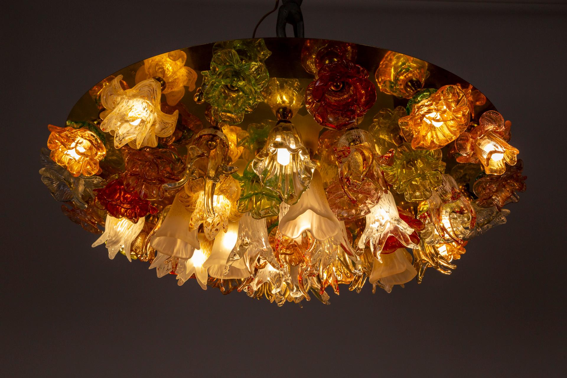Large Murano Blown Glass Flower Bouquet Light Fixture on Brass Flush Mount 7