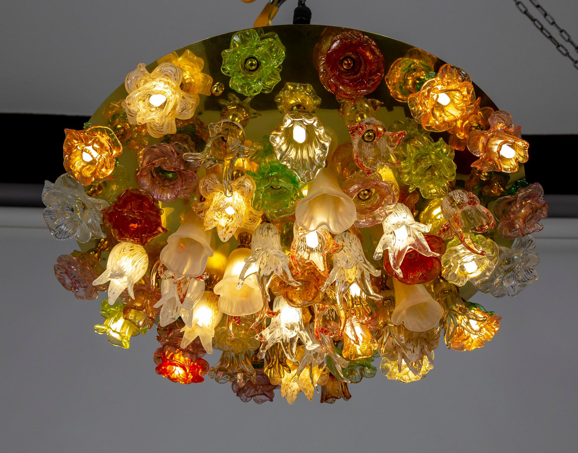 Italian Large Murano Blown Glass Flower Bouquet Light Fixture on Brass Flush Mount