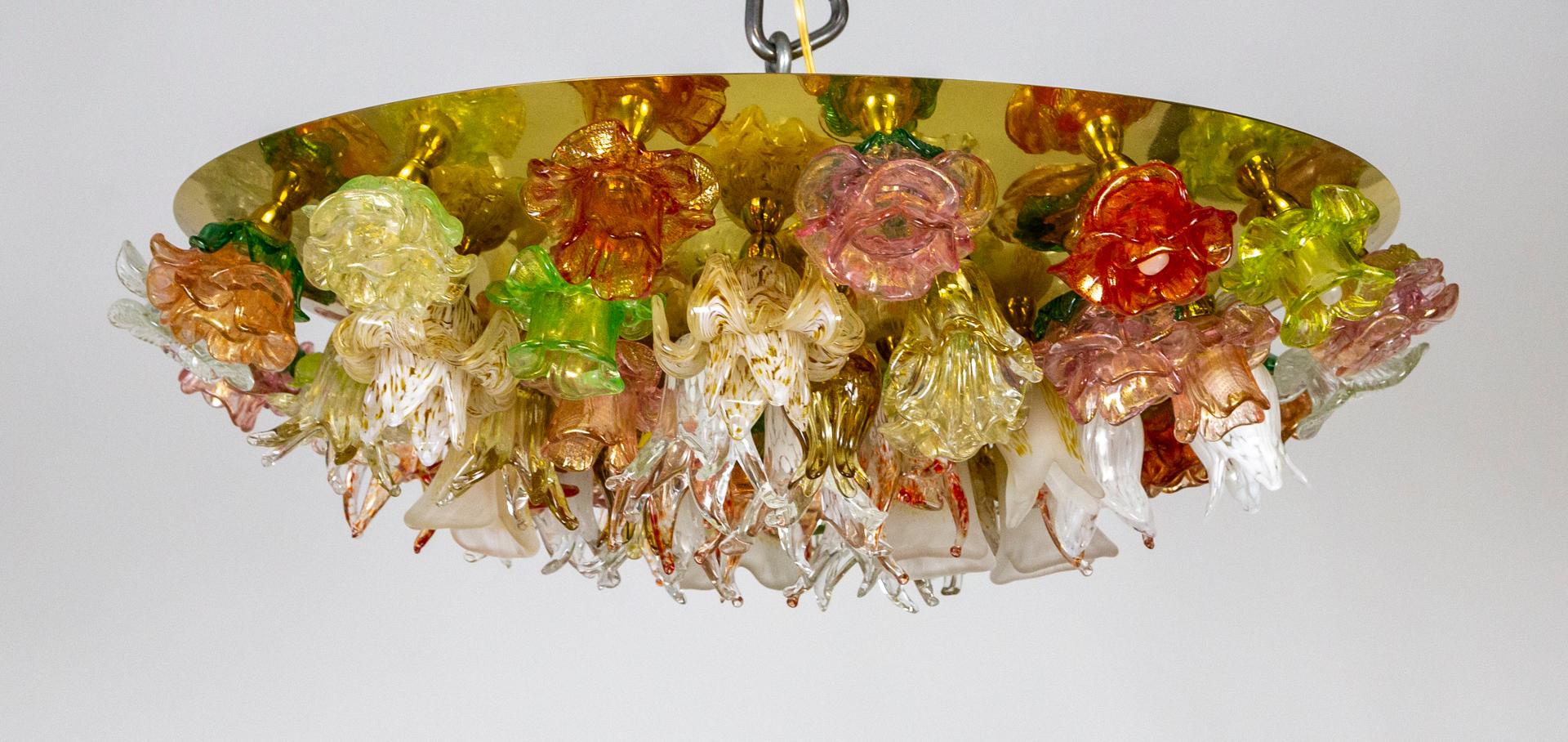 Contemporary Large Murano Blown Glass Flower Bouquet Light Fixture on Brass Flush Mount