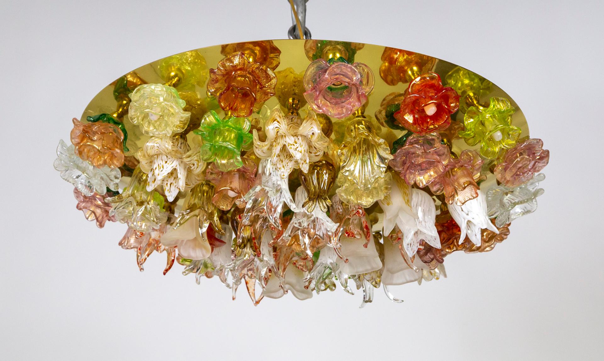 Large Murano Blown Glass Flower Bouquet Light Fixture on Brass Flush Mount 1