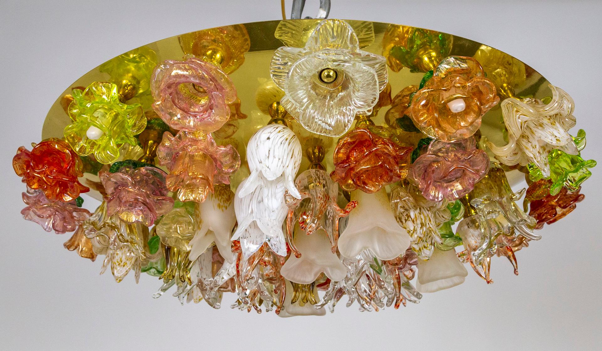 Large Murano Blown Glass Flower Bouquet Light Fixture on Brass Flush Mount 2