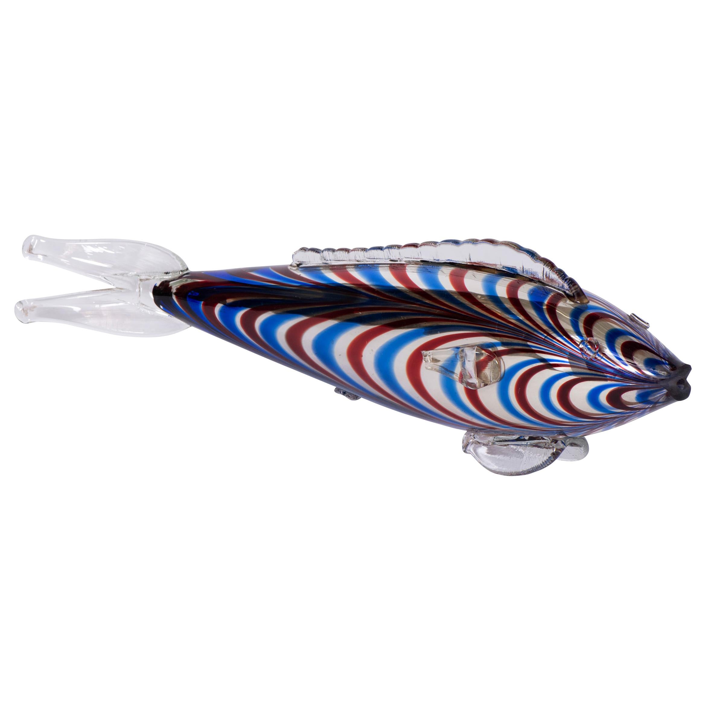 Large Murano Blue and Red Glass Fish, Italy, circa 1970