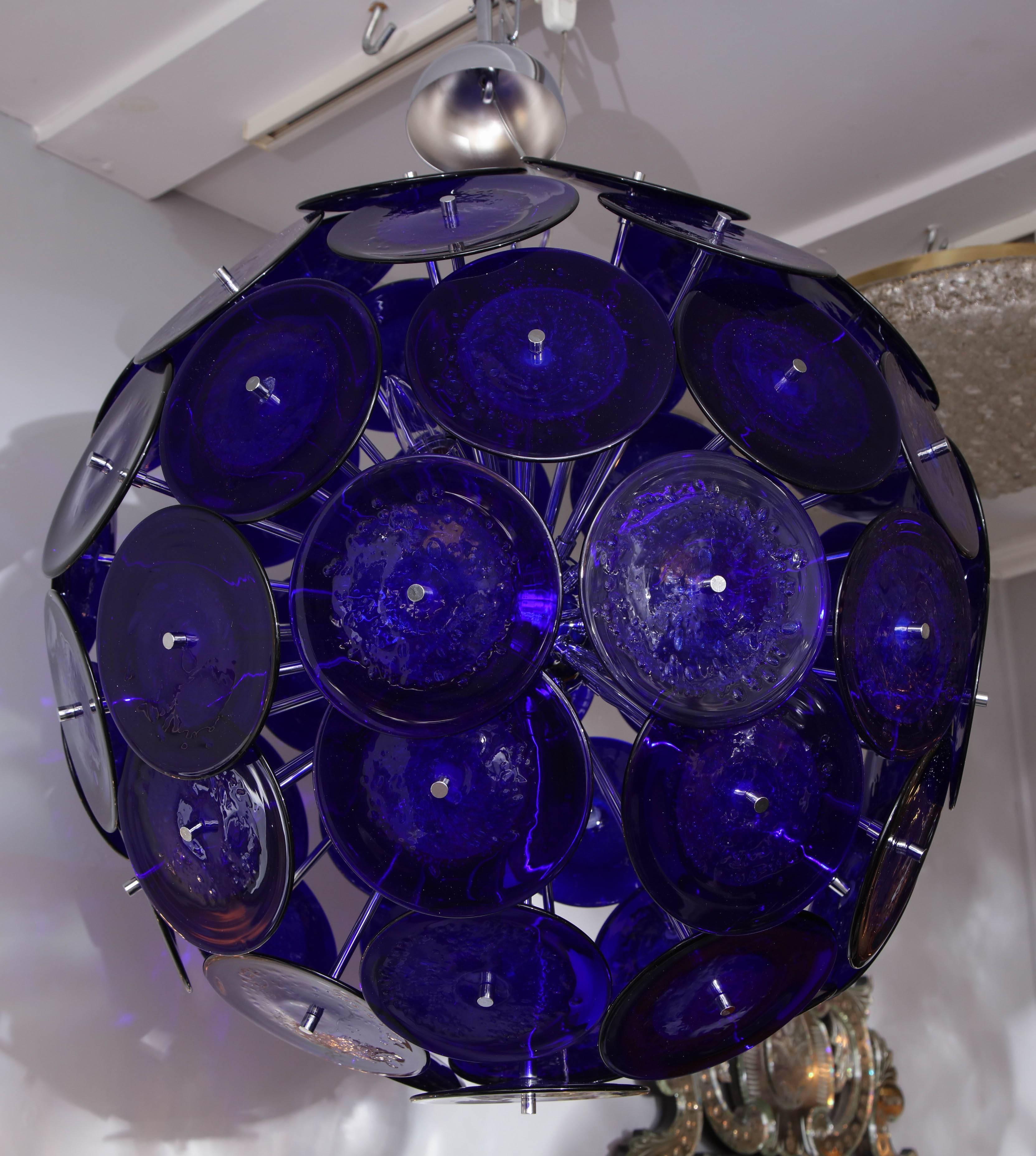 Large blue bubble Murano glass disc Sputnik chandelier. Customization is available in different sizes, finishes and glass colors.