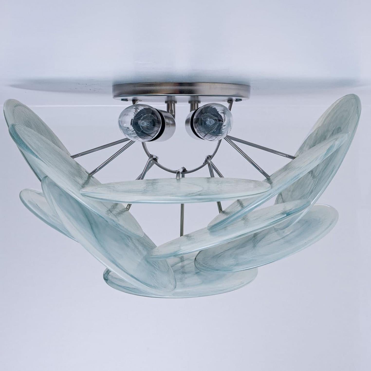 Laiton Large Murano Blue Glass Discs and Brass Wall Lights, Italy en vente