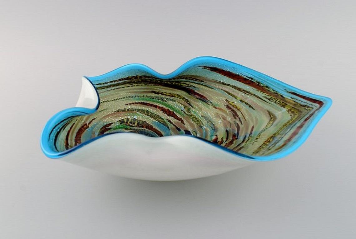 Italian Large Murano Bowl in Polychrome Mouth-Blown Art Glass with Wavy Edge For Sale