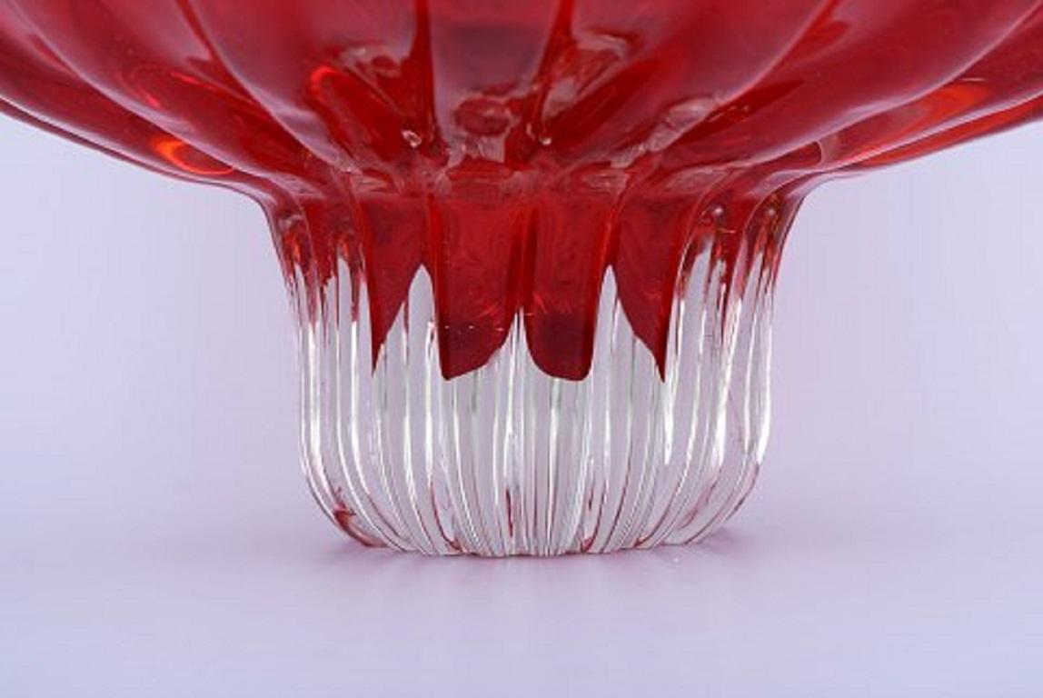 Mid-Century Modern Large Murano Bowl on Foot in Red and Clear Mouth Blown Art Glass