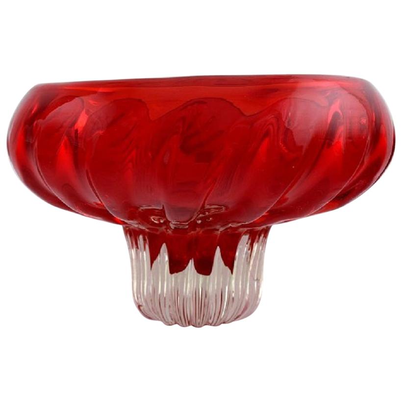Large Murano Bowl on Foot in Red and Clear Mouth Blown Art Glass