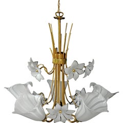 Large Murano Calla Lily & Flower Chandelier by Franco Luce, Art Glass Gilt Brass