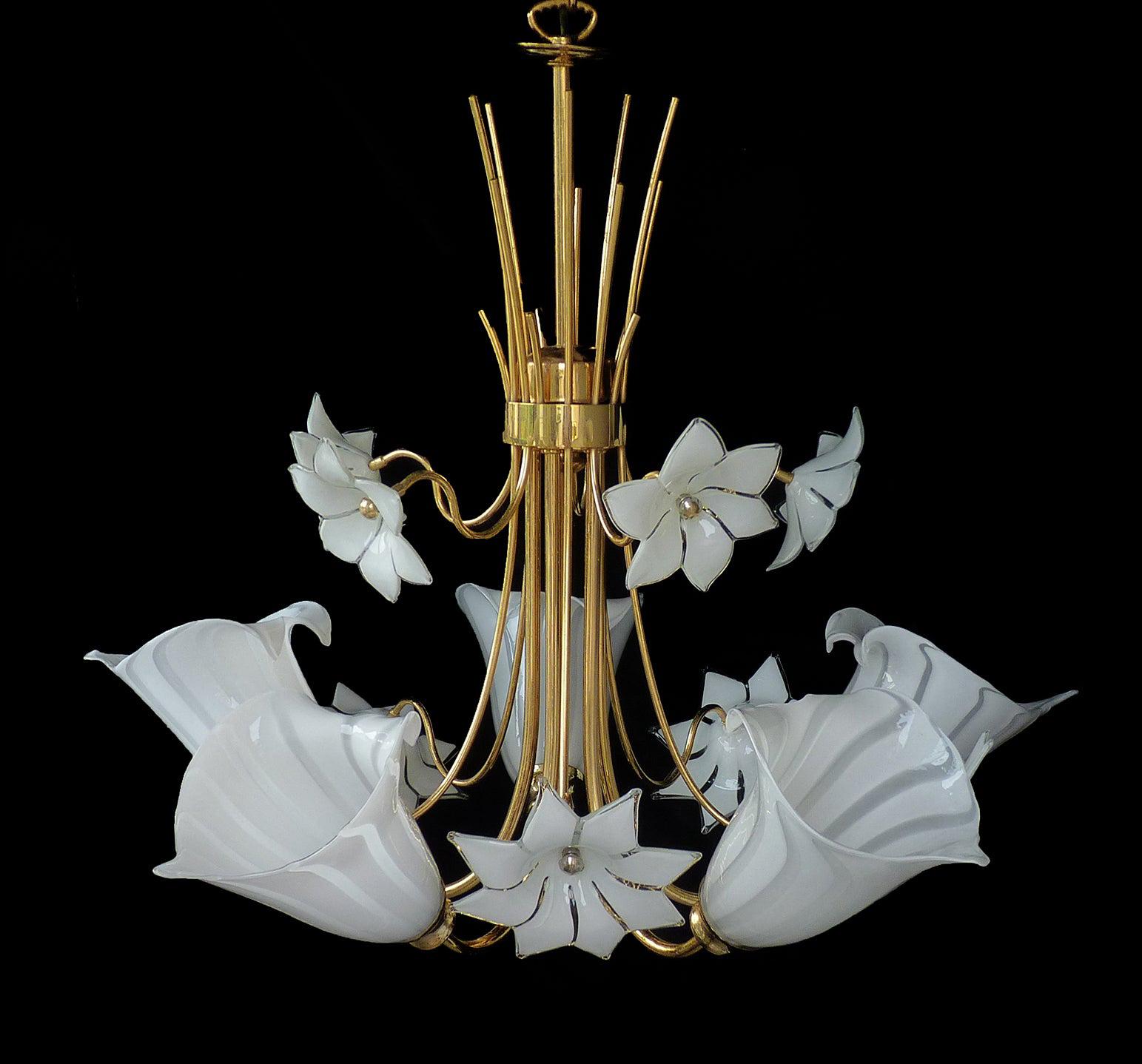 Hollywood Regency Large Murano Calla Lily & Flower Chandelier by Franco Luce, Art Glass Gilt Brass