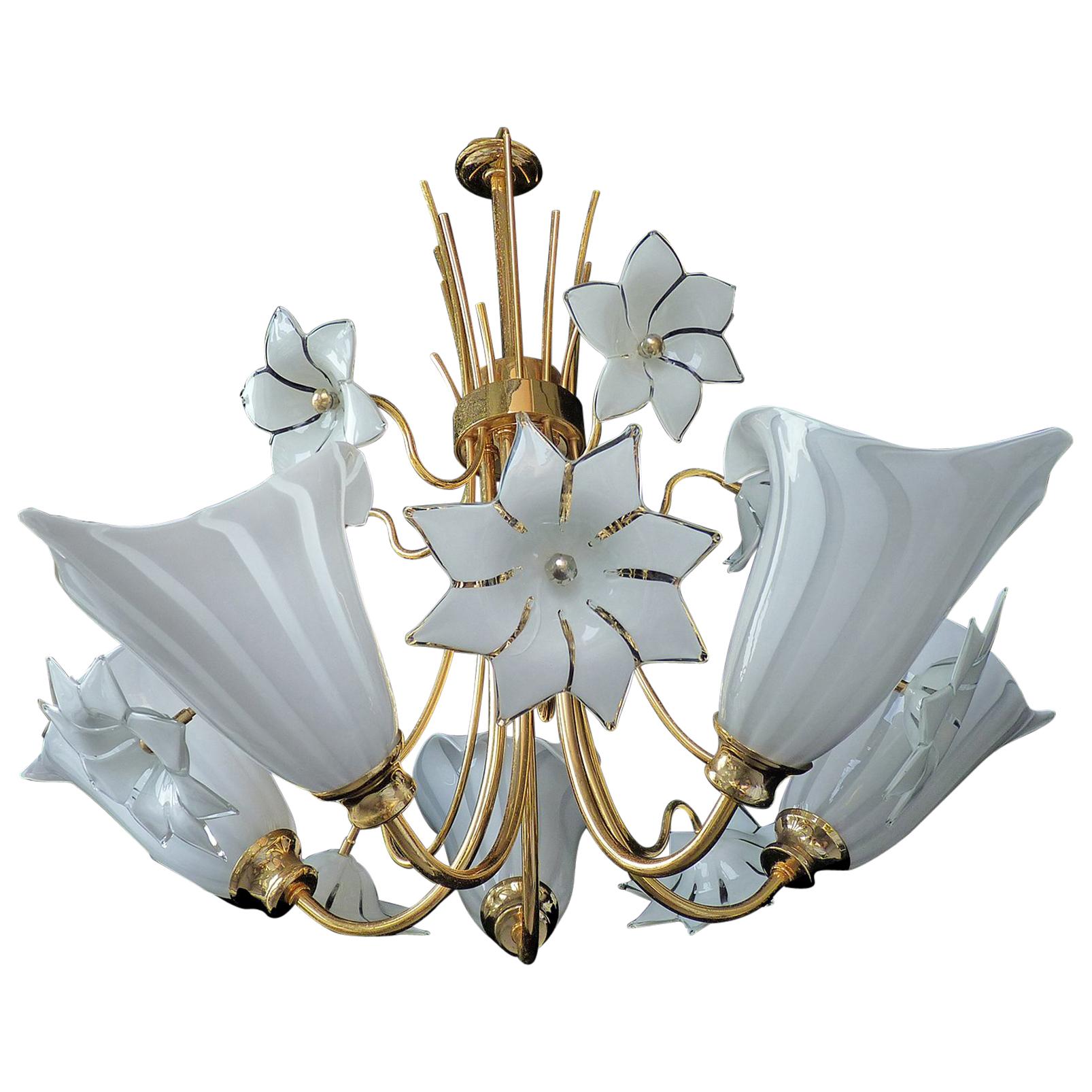 Grand lustre de Murano Calla Lily & Flower de Franco Luce, en verre d'art et laiton doré