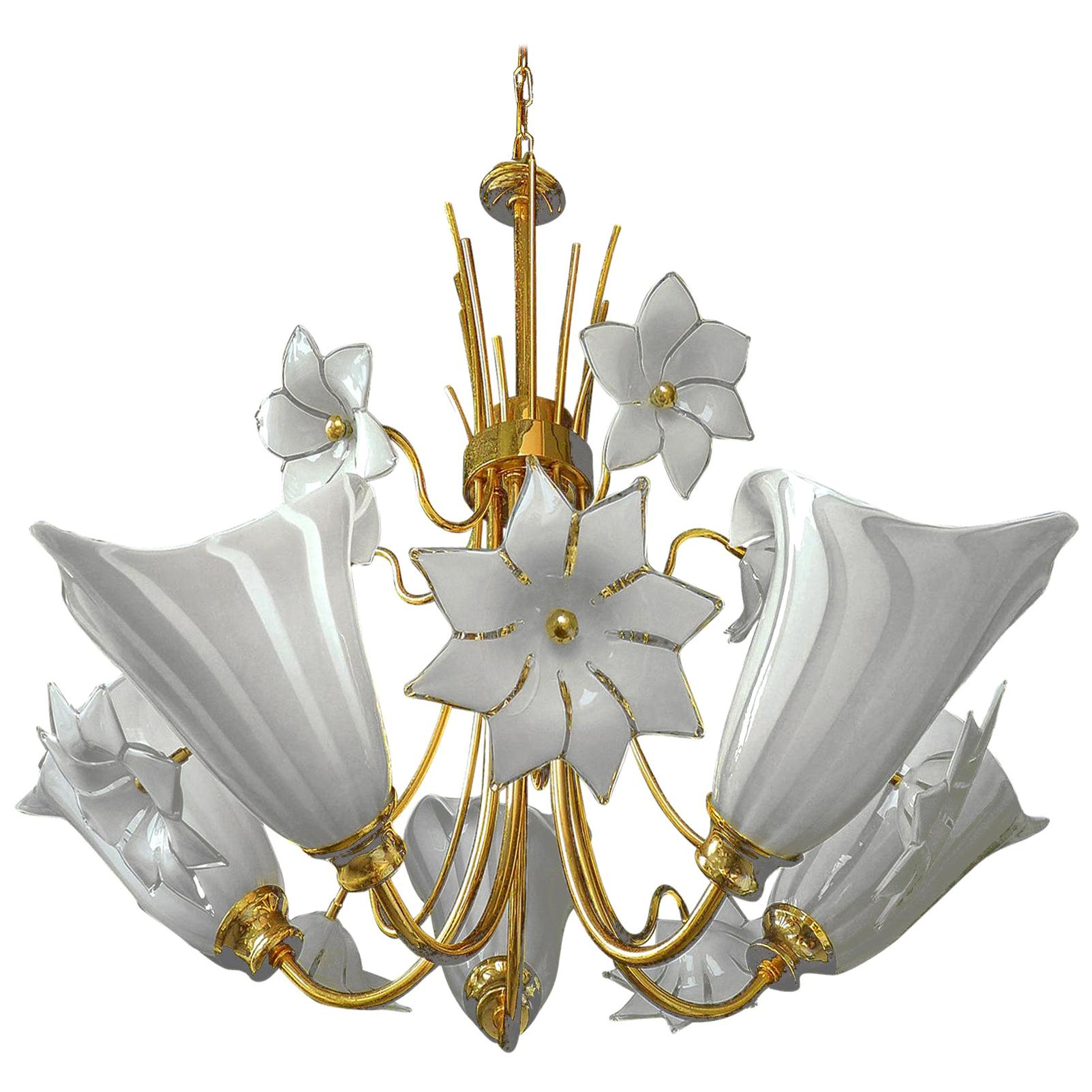 Large Murano Calla Lily & Flower Chandelier by Franco Luce, Art Glass Gilt Brass