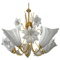 Large Murano Calla Lily & Flower Chandelier by Franco Luce, Art Glass Gilt Brass