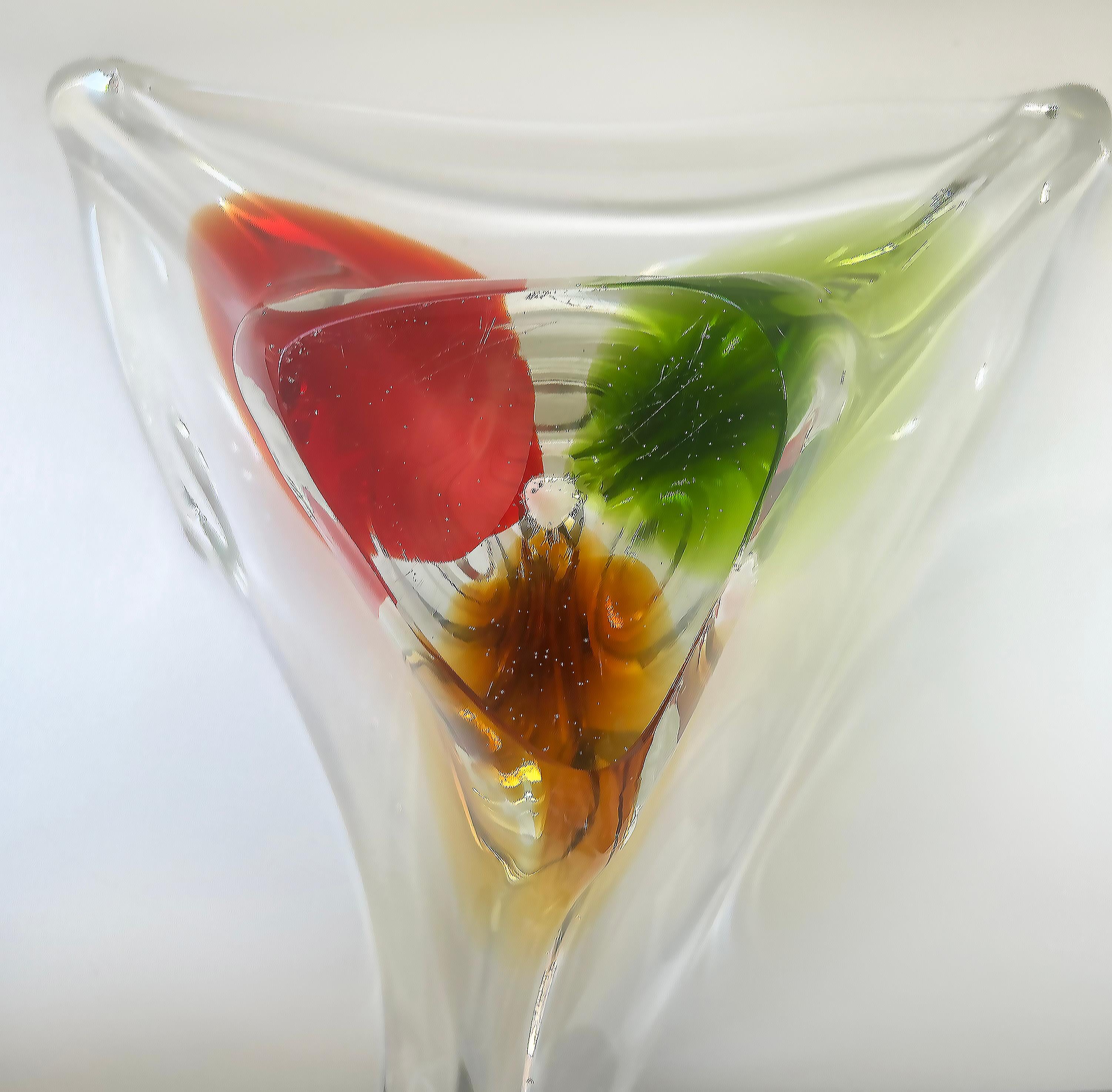 Large Murano Centerpiece Freeform Bowl with Red, Green and Amber to Clear Glass For Sale 4