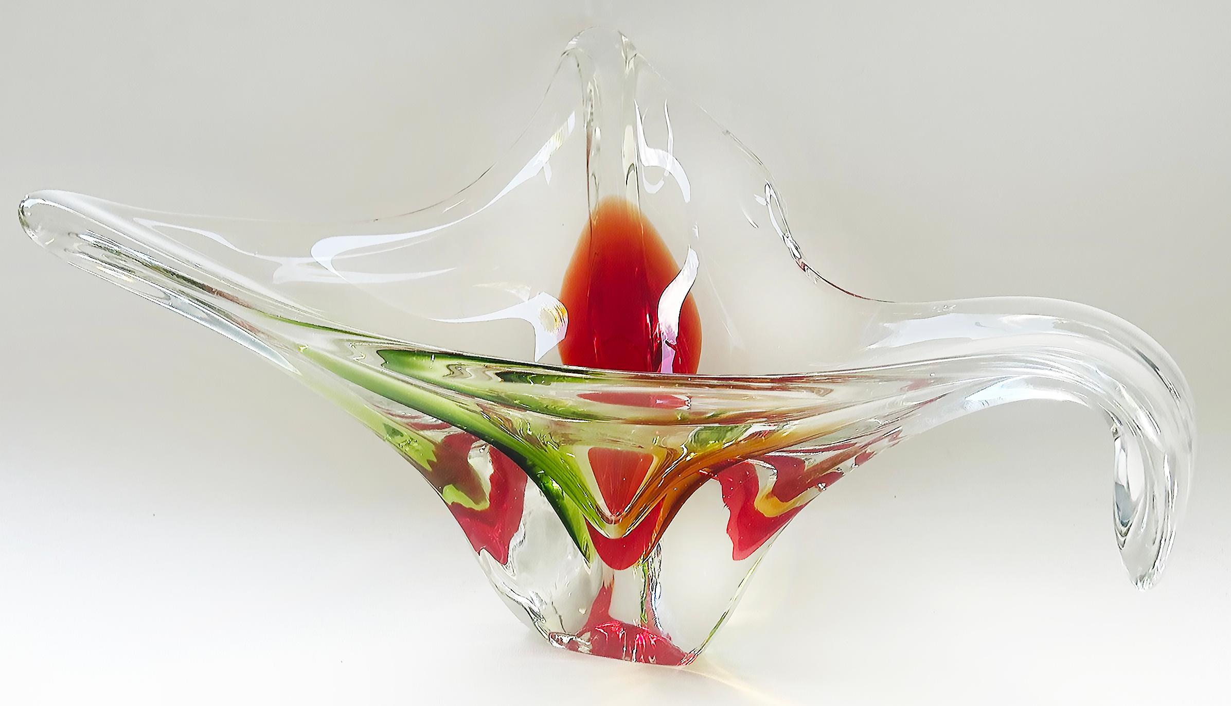 Large Murano Centerpiece Freeform Bowl with Red, Green and Amber to Clear Glass

Offered for sale is a large Murano glass free-form centerpiece bowl with red, green, amber and clear glass.