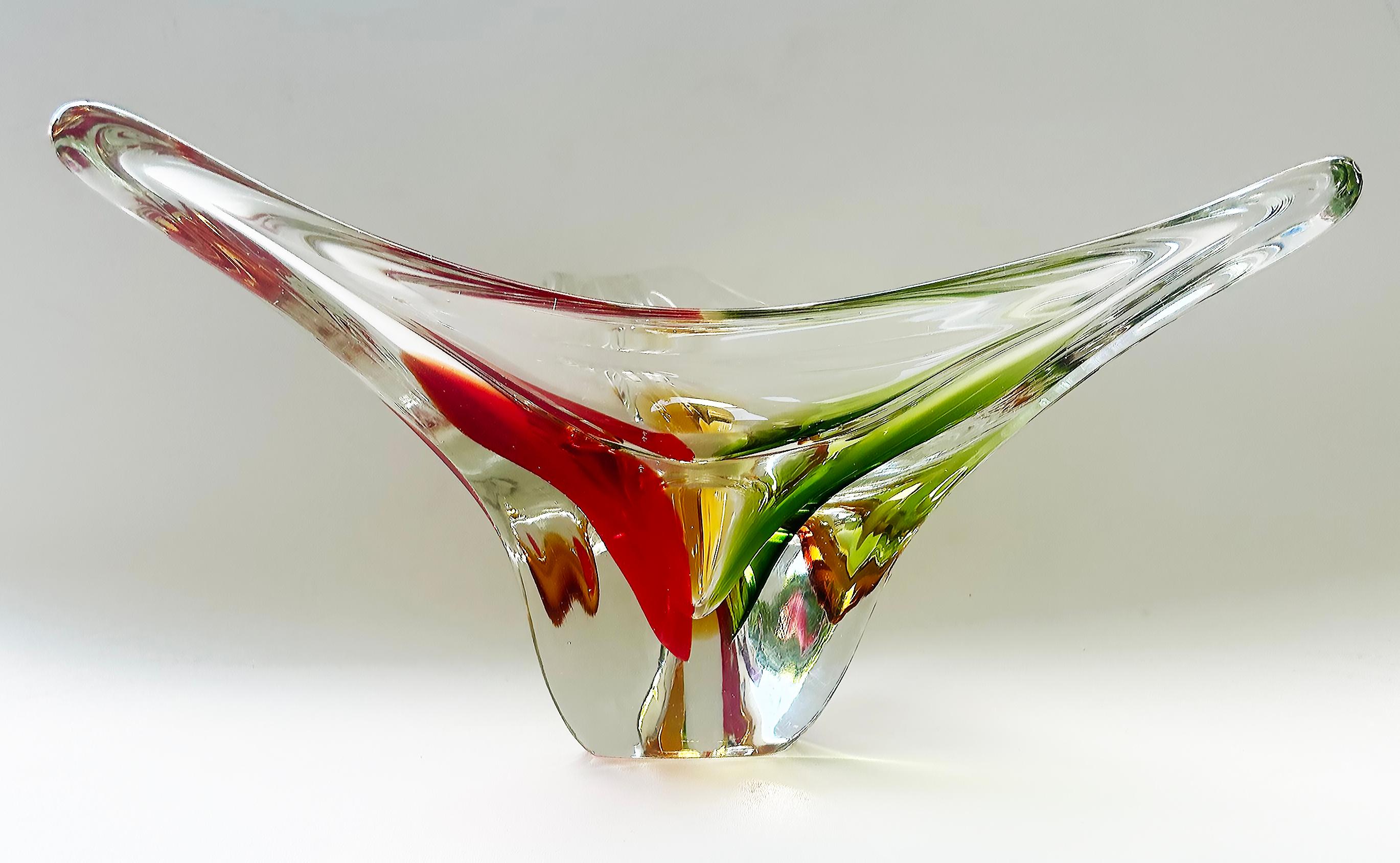 Mid-Century Modern Large Murano Centerpiece Freeform Bowl with Red, Green and Amber to Clear Glass For Sale